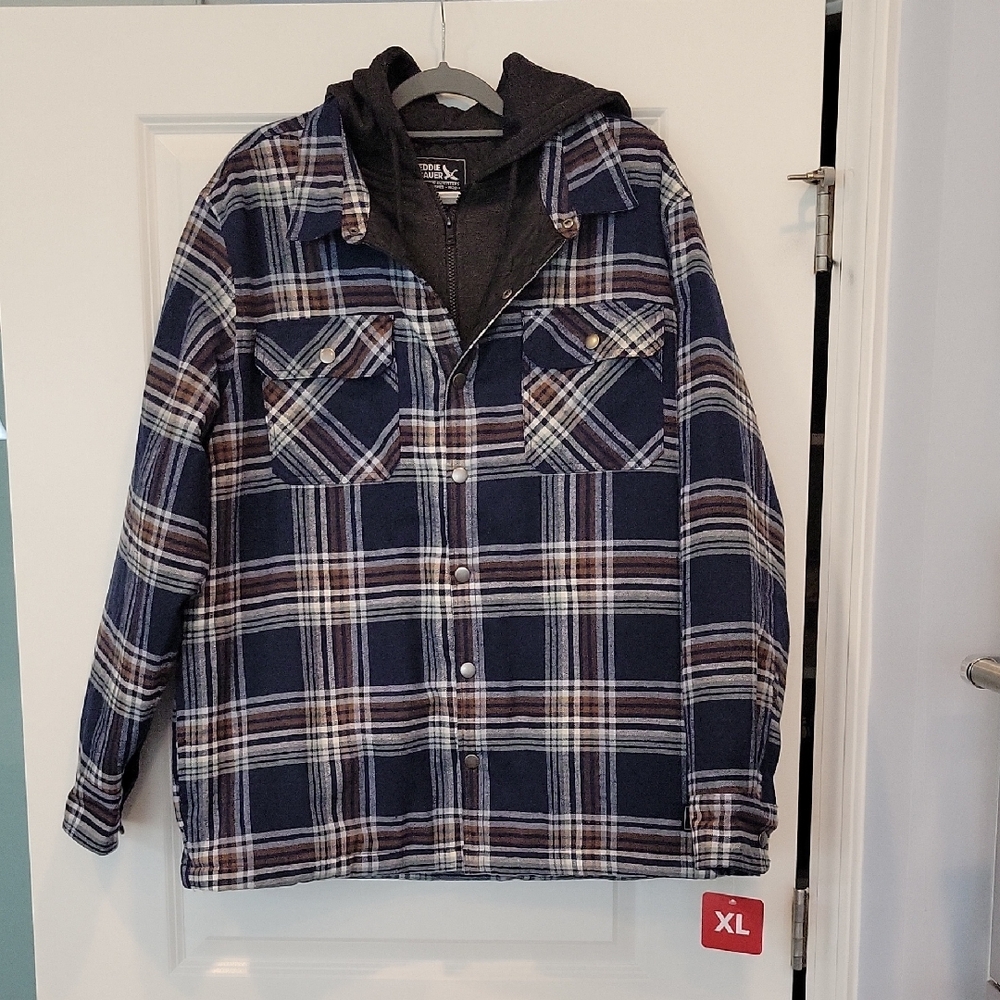 Eddie Bauer Men's Hooded Shirt Jacket In Navy Plaid Size XL NWT